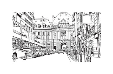 Print Building view with landmark of Rennes is the
City in France. Hand drawn sketch illustration in vector.