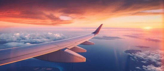 As the airplane wing soars through the sky at dusk, colorful clouds reflect in the ocean below,...
