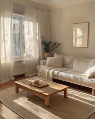 Living room with white sofa, light brown wooden coffee table and beige rug, big window on wall behind it with sun shining through sheer curtains