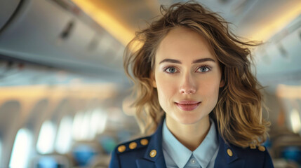 Beautiful Woman Dedicated Flight Attendant. Ensuring Passenger Comfort and Safety