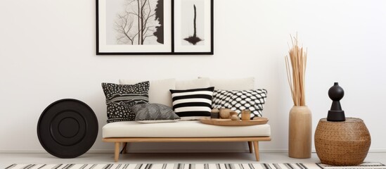 A living room with a grey couch, wooden coffee table, decorative pillows, vases, and a rug. The room is adorned with picture frames and has a cozy atmosphere