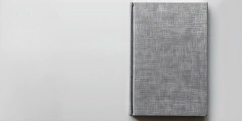 Overhead view of a blank hardcover book with a light gray fabric cover on a white background. Concept Blank Hardcover Book, Overhead View, Light Gray Fabric Cover, White Background