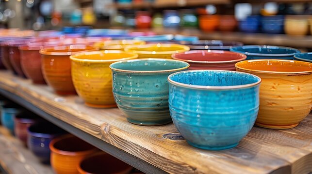 A shelf holding a row of vibrant bowls and a row of bright ceramics. Generative Ai