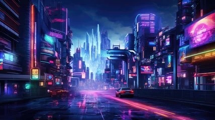 Foto op Canvas The picture of the neon night time futuristic cyberpunk scifi metropolis yet bright with neon light that fill everywhere of metropolis and fill with tall building and long roadway at night. AIGX01. © Summit Art Creations
