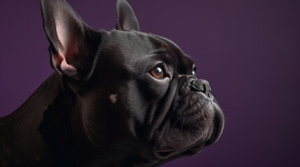Studio shot of black French Bulldog looking away from camera with serious expression on its face against deep purple background.