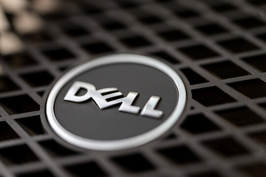 Timisoara, Romania - August 16, 2023: Close-up on the Dell logo of an workstation