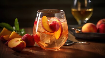 Refreshing summer cocktail with peaches, strawberries, raspberries in glass with ice cubes.
