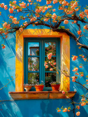 Old window and flowers in summer. Illustration - 770890866