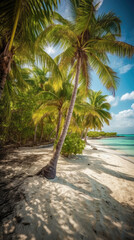 Beautiful tropical beach with white sand, tall palm trees, turquoise water. Sun shining through leaves of palm trees.