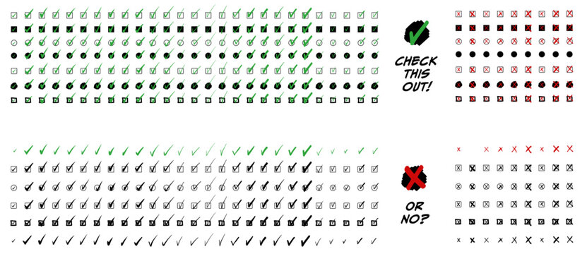Collection of checkboxes - Confirm and Cancel icons randing from Geometric to Brush stroke