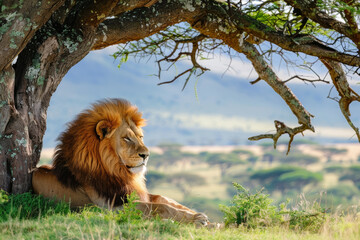 A lion is laying in the shade of a tree