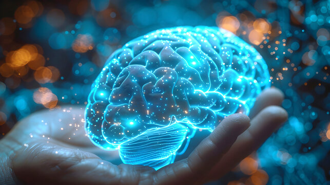 Human brain in hand with emphasis on neurotransmitters, dopamine receptors on dark background with neon lights