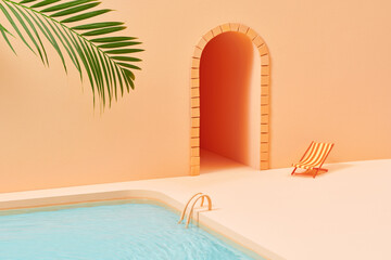 Product display with arch warm plaster wall and pool