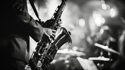 Black and white image of a jazz concert in a jazz club - obrazy, fototapety, plakaty