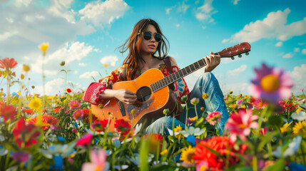 A young musician woman playing an acoustic guitar - obrazy, fototapety, plakaty