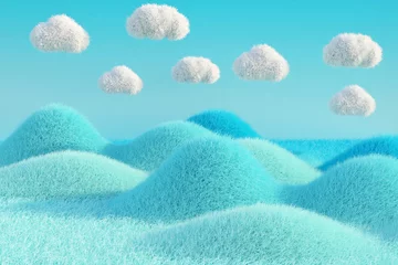 Poster A blue and white landscape with fluffy clouds in the sky. The clouds are scattered throughout the sky, with some closer to the ground and others higher up. Scene is calm and peaceful, with the blue © nip3D