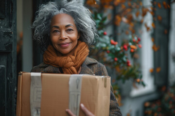 Beautiful mid-aged woman holding parcel box . Delivery courier and shipping service concept.