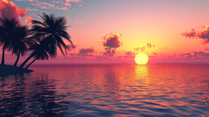 Fototapeta na wymiar tropical paradise sunset with palm trees and calm sea