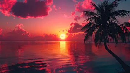 Foto op Canvas tropical sunset with palm silhouette, summer vibes landscape © BelhoMed