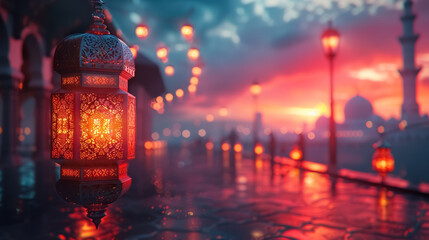 enchanting eid el feter sunset lanterns - obrazy, fototapety, plakaty
