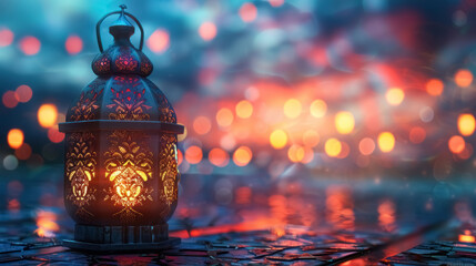 illuminated eid el feter ornate lantern against bokeh backdrop - obrazy, fototapety, plakaty