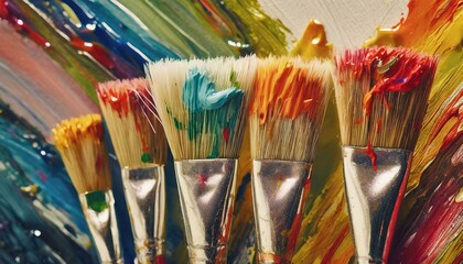 Fototapeta premium Colorful paint brush splashes on canvas. Row of artist paintbrushes closeup on artistic canvas 