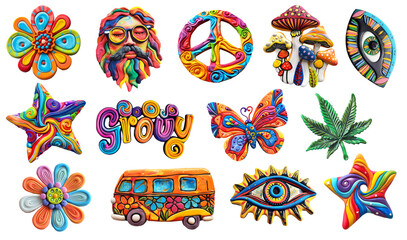 Refrigerator magnets decoration set. Back in 70s concept, groovy style