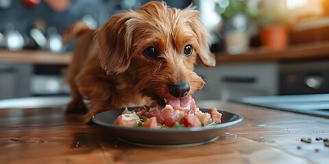 Nourishing Your Dachshund: Emphasizing Proper Nutrition and Care with a Raw Food Diet. Concept Dachshund Care, Raw Food Diet, Proper Nutrition, Dog Health, Pet Wellness - obrazy, fototapety, plakaty