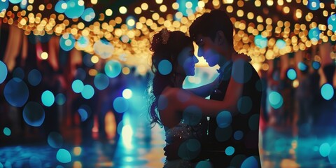 Romantic, lovely affectionate couple embracing and dancing a slow dance at a ball or prom, blurred sparkle bokeh background. - obrazy, fototapety, plakaty