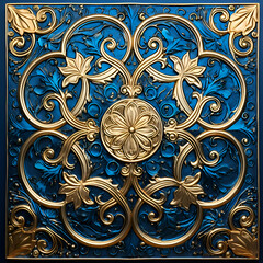 3D render of metal background with embossed ornament on blue plate