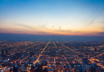 Downtown Chicago at dusk from on high