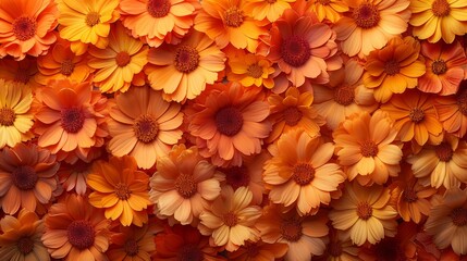   A wall of orange and yellow flowers, arranged like a decorative wallpaper or hanging, adorns a building's side - obrazy, fototapety, plakaty