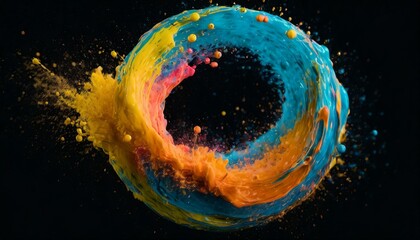 Abstract circle liquid motion flow explosion. Curved wave colorful pattern with paint drops on...