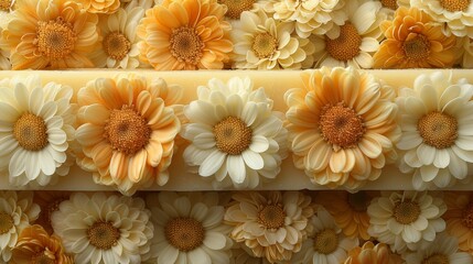   A collection of yellow and white blooms atop a yellow and white cake, elegantly dressed in icing