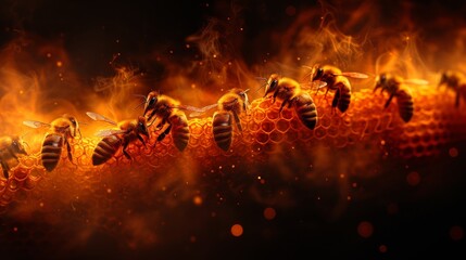   A group of bees atop a beehive amidst a blazing fire-filled expanse of honeycombs