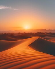Desert dunes, heat shimmer, wide angle, golden light for a serene wallpaper , vibrant