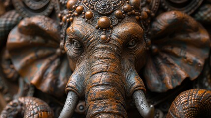   A close-up of an elephant's head with intricate carvings on its face and trunk