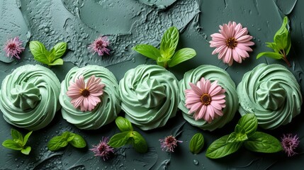  green frosting, pink flowers, against green backdrop with leaves and blooms