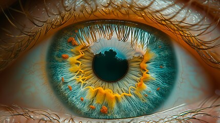   A tight shot of an eye's iris displaying yellow and blue streaks - obrazy, fototapety, plakaty