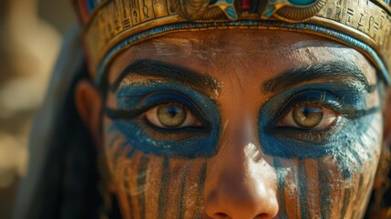   A tight shot of an Egyptian woman's face, adorned with blue and golden makeup Her eyes are accentuated by the intricate application of pigment