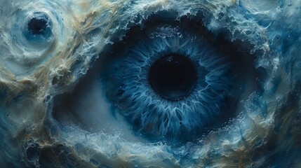   A blue eye, tightly focused, at the heart of a tranquil water body Black circle in its pupil - obrazy, fototapety, plakaty