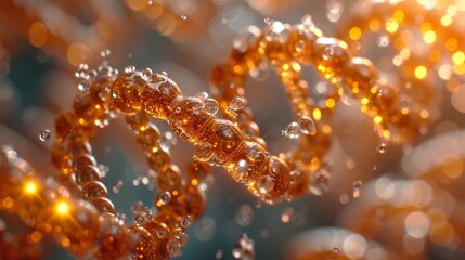   A close-up of a bead string with water droplets at its end and the water droplets on the string's terminus - obrazy, fototapety, plakaty