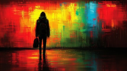   A person stands before a vibrant, multicolored wall, bearing a backpack on both back and shoulder