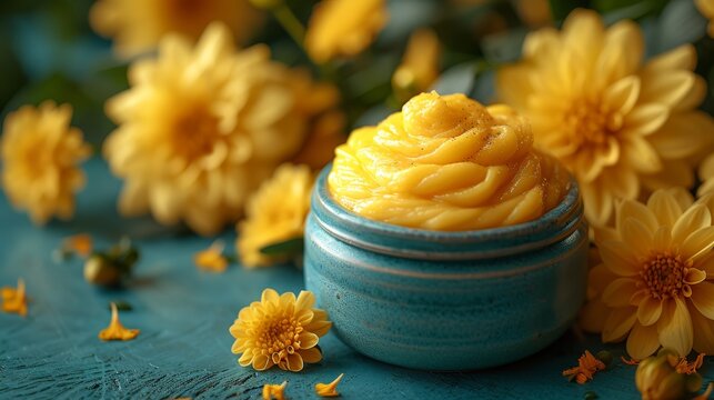   A blue jar holding yellow flowers sits atop a blue table, its surface adorned with yellow chrysanthemums