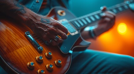   A tight shot of someone playing an electric guitar, with the instrument in the foreground and an orange light glowing behind - obrazy, fototapety, plakaty
