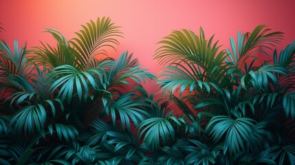   A red and pink wall backdrops a cluster of palm trees, with a verdant plant in the foreground