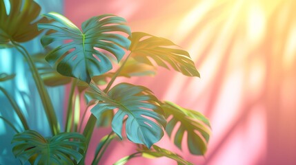 Fototapeta na wymiar A plant with green leaves, in focus, against a backdrop of pink and blue Sun shines from behind
