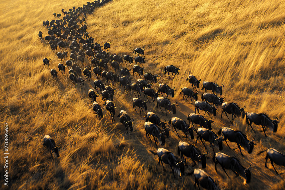 Poster a herd of wildebeest are running across a field