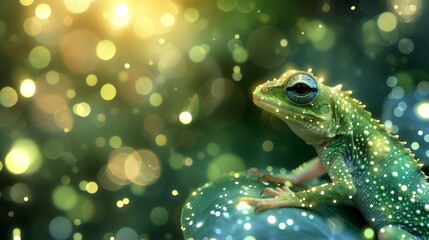   A close-up of a frog on a rock with a bolt of light shining on its back