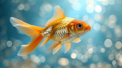   A tight shot of a goldfish against a backdrop of blue and white Background features soft lights in bokeh effect